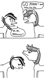 Size: 640x1136 | Tagged: safe, artist:php149, imported from derpibooru, oc, oc only, oc:lekonar, oc:minty root, pegasus, pony, unicorn, angry, broken hearts, crying, dialogue, duo, monochrome, rule 63