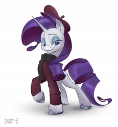 Size: 1896x2048 | Tagged: safe, artist:brdte, imported from derpibooru, rarity, pony, unicorn, beatnik rarity, beret, clothes, eyebrows, eyeshadow, female, hat, lidded eyes, makeup, mare, raised hoof, scarf, shadow, signature, simple background, smiling, solo, sweater, unshorn fetlocks, white background