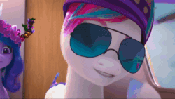 Size: 1280x720 | Tagged: safe, imported from derpibooru, screencap, hitch trailblazer, izzy moonbow, pipp petals, zipp storm, dragon, earth pony, pegasus, pony, unicorn, spoiler:g5, spoiler:winter wishday, animated, aviator sunglasses, bells, cheerful, crown, floral head wreath, flower, flower in hair, flying, g5, hat, jewelry, marestream, my little pony: make your mark, my little pony: make your mark chapter 3, paper crown, regalia, sheriff's badge, sky, sound, sparky sparkeroni, sunglasses, tree branch, webm, winter hat, winter wishday, wreath, yes