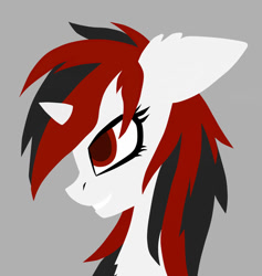 Size: 1024x1078 | Tagged: safe, artist:adagiostring, imported from derpibooru, oc, oc only, oc:blackjack, pony, unicorn, fallout equestria, fallout equestria: project horizons, bust, female, gray background, horn, mare, portrait, simple, simple background, small horn, smiling, solo