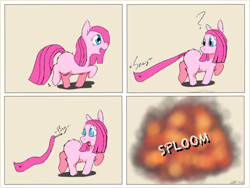 Size: 2048x1536 | Tagged: safe, artist:fluffsplosion, imported from derpibooru, pinkie pie, earth pony, fluffy pony, pony, butt fluff, comic, confused, explosion, female, fluffy, grenade, leg fluff, looking back, mare, onomatopoeia, open mouth, pinkamena diane pie, raised hoof, shocked, shrunken pupils, smiling, solo, stuck, wide eyes