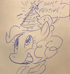 Size: 2579x2739 | Tagged: safe, artist:debmervin, imported from derpibooru, pinkie pie, ballpoint pen, christmas, christmas tree, holiday, solo, sticky note, traditional art, tree