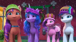 Size: 1280x716 | Tagged: safe, imported from derpibooru, screencap, izzy moonbow, pipp petals, sunny starscout, zipp storm, earth pony, pegasus, pony, unicorn, spoiler:g5, spoiler:winter wishday, animated, bag, crown, diamonds, door, female, floral head wreath, flower, flower in hair, g5, hat, heart, house, jewelry, mare, my little pony: make your mark, my little pony: make your mark chapter 3, paper crown, regalia, rhyming, saddle bag, snow, sound, toque, tree branch, webm, winter hat, winter wishday, wreath