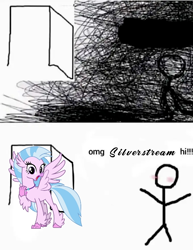 Size: 680x882 | Tagged: safe, edit, editor:savygriffs, imported from derpibooru, silverstream, classical hippogriff, hippogriff, 1000 hours in ms paint, meme, omg hi, stick figure