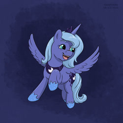 Size: 1200x1200 | Tagged: safe, artist:haretrinity, imported from derpibooru, princess luna, alicorn, pony, crown, female, filly, flying, jewelry, open mouth, open smile, regalia, smiling, solo, spread wings, wings, woona, younger