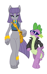 Size: 1276x2000 | Tagged: safe, artist:ferris, artist:qtmarx, imported from derpibooru, maud pie, spike, anthro, dragon, earth pony, semi-anthro, anklet, bag, bottomless, bracelet, choker, clothes, collar, duo, eyelashes, eyeshadow, featureless crotch, female, fetlock tuft, g4, gold, hips, jacket, jewelry, leather, leather jacket, lidded eyes, makeup, male, messenger bag, midriff, necklace, partial nudity, short shirt, simple background, sleeveless, smiling, strut, sunglasses, thighs, white background