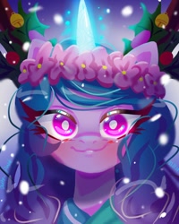 Size: 1080x1350 | Tagged: safe, artist:jully-park, imported from derpibooru, izzy moonbow, pony, unicorn, spoiler:g5, spoiler:winter wishday, bust, clothes, digital art, female, female focus, floral head wreath, flower, focused, frostyshivers, g5, glowing, glowing horn, horn, horns, lineless, looking at you, magic, mare, my little pony: make your mark, my little pony: make your mark chapter 3, scarf, smiling, smiling at you, snow, snowfall, solo, solo focus, white pupils, winter, winter outfit, winter wishday