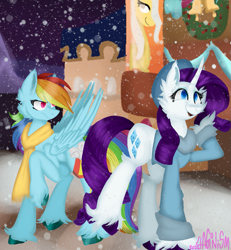 Size: 1041x1125 | Tagged: safe, artist:4agonism, imported from derpibooru, rainbow dash, rarity, pegasus, pony, unicorn, beret, cheek fluff, chest fluff, christmas, christmas wreath, clothes, colored hooves, commission, duo, ear fluff, eyelashes, eyeshadow, female, fluffy, folded wings, frog (hoof), frown, happy, hat, holiday, hooves, horn, lesbian, lineless, makeup, mare, open mouth, open smile, raised hoof, raridash, scarf, shipping, shopping, smiling, snow, snowfall, suspicious, sweater, those gay horses, underhoof, unshorn fetlocks, walking, wings, wreath