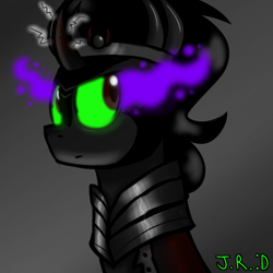 Size: 1000x1000 | Tagged: safe, artist:technoponywardrobe, imported from derpibooru, king sombra, pony, unicorn, black background, bust, colored horn, curved horn, dark background, green eyes, horn, male, portrait, shiny, simple background, solo, sombra eyes, sombra horn, the crystal empire 10th anniversary