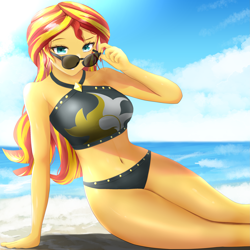 Size: 2721x2721 | Tagged: safe, artist:toffrox, imported from derpibooru, sunset shimmer, human, equestria girls, beach, belly button, bikini, black bikini, black swimsuit, breasts, busty sunset shimmer, clothes, cloud, female, looking at you, ocean, sand, sexy, sky, solo, stupid sexy sunset shimmer, sunglasses, sunset shimmer's beach shorts swimsuit, swimsuit, water