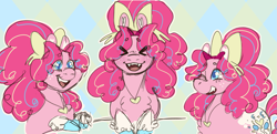 Size: 2063x1001 | Tagged: safe, artist:super-lemon-sama, imported from derpibooru, pinkie pie, earth pony, pony, alternate design, bow, eye clipping through hair, eyes closed, fangs, female, freckles, hair bow, jewelry, mare, necklace, open mouth, open smile, smiling, solo