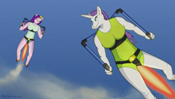 Size: 3840x2160 | Tagged: source needed, safe, artist:muellermeier, imported from derpibooru, pipp petals, rarity, anthro, pegasus, unicorn, breasts, clothes, duo, duo female, female, flying, g5, jetpack, leotard, sky, sky background
