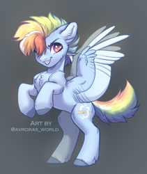 Size: 1600x1900 | Tagged: safe, artist:avroras_world, imported from derpibooru, rainbow dash, pegasus, pony, chest fluff, ear fluff, female, gray background, mare, multicolored hair, redesign, short hair, short mane, short tail, simple background, smiling, solo, tail, wings