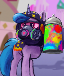 Size: 1292x1535 | Tagged: safe, artist:phutashi, imported from derpibooru, izzy moonbow, pony, unicorn, spoiler:g5, spoiler:my little pony: tell your tale, spoiler:tyts01e34, female, g5, gas mask, hooded cape, mare, mask, my little pony: tell your tale, sneaksy, sneaksy strikes again, solo, spray can, spray paint