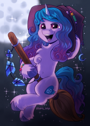 Size: 1180x1660 | Tagged: safe, artist:kotya, imported from derpibooru, izzy moonbow, pony, unicorn, belly button, broom, chest fluff, crystal, flying, flying broomstick, full moon, g5, halloween, hat, holiday, looking at you, moon, smiling, smiling at you, solo, witch hat