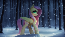 Size: 896x512 | Tagged: safe, imported from derpibooru, fluttershy, pegasus, pony, ai content, ai generated, amputee, cute, forest, generator:stable diffusion, missing limb, night, snow, solo