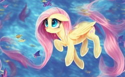 Size: 832x512 | Tagged: safe, imported from derpibooru, fluttershy, fish, pegasus, pony, ai content, ai generated, anatomically incorrect, blue eyes, cute, extra legs, flowing mane, flowing tail, folded wings, generator:stable diffusion, machine learning abomination, nudity, pink mane, smiling, solo, swimming, tail, underwater, water, wet, wet mane, wings