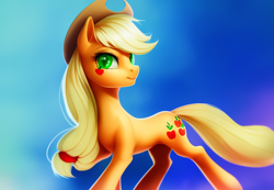 Size: 832x576 | Tagged: safe, imported from derpibooru, applejack, earth pony, pony, ai content, ai generated, generator:stable diffusion, looking at you, slim, smiling, solo