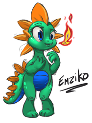 Size: 776x1033 | Tagged: safe, artist:harwick, edit, imported from derpibooru, oc, oc only, oc:emziko, dragon, closed mouth, dragon oc, dragoness, dragonfire, eyes open, fangs, female, female oc, fire, fire breath, girlfriend, meta, non-pony oc, simple background, solo, text, twitter, white background
