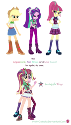 Size: 792x1386 | Tagged: safe, artist:prettycelestia, imported from derpibooru, applejack, aria blaze, sour sweet, oc, oc:sourapple blaze, equestria girls, clothes, flower, flower in hair, four arms, fusion, fusion:applejack, fusion:aria blaze, fusion:sour sweet, gem, jewelry, many eyes, multiple arms, multiple legs, multiple limbs, ponytail, ring, shedding, siren gem, skirt, skirt suit, suit, two mouths, what have you done?!