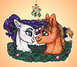 Size: 2636x2309 | Tagged: safe, artist:skior, imported from derpibooru, applejack, rarity, pony, female, holly, holly mistaken for mistletoe, lesbian, rarijack, shipping