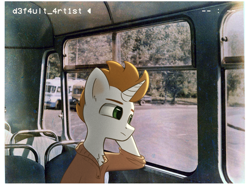 Size: 1945x1440 | Tagged: safe, artist:d3f4ult_4rt1st, imported from derpibooru, oc, oc only, pony, unicorn, bus, clothes, irl, male, old photo, photo, ponies in real life, sitting, solo, sweater, window