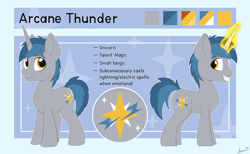 Size: 2950x1818 | Tagged: safe, artist:arcane-thunder, imported from derpibooru, oc, oc only, oc:arcane thunder, pony, unicorn, cute, cute little fangs, cutie mark, fangs, horn, magic, magic aura, male, reference sheet, simple background, smiling, solo, stallion, unicorn oc