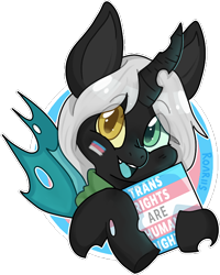 Size: 504x630 | Tagged: safe, artist:grimmbite, imported from derpibooru, oc, oc only, oc:king ao, changeling, cute, face paint, heterochromia, holding sign, horn, looking at you, pride, pride flag, simple background, smiling, smiling at you, solo, transgender pride flag, transparent background, wings