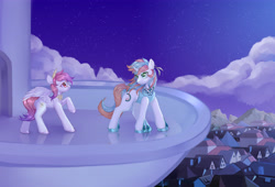 Size: 6000x4072 | Tagged: safe, artist:myriadstar, imported from derpibooru, oc, oc only, oc:芳棠, oc:雀玲, pegasus, pony, unicorn, absurd resolution, balcony, cloud, cover art, duo, duo female, female, fimtale, glasses, looking at each other, looking at someone, mare, quill