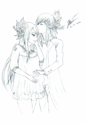 Size: 2745x4000 | Tagged: safe, artist:raydhen, imported from derpibooru, queen chrysalis, oc, oc:king ao, anthro, elf, canon x oc, clothes, couple, elf ears, eyes closed, forehead kiss, hand on belly, hand on cheek, hand on shoulder, jewelry, kissing, long hair, monochrome, nightgown, pants, pregnant, ring, signature, simple background, sketch, smiling, wedding ring, white background, wholesome