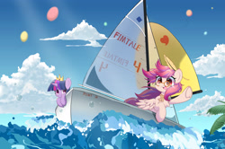 Size: 4093x2717 | Tagged: safe, alternate version, artist:starbow, imported from derpibooru, twilight sparkle, oc, oc:芳棠, alicorn, pegasus, pony, balloon, bowtie, bubble, caption, cloud, crown, duo, duo female, female, glasses, horn, image macro, jewelry, mare, mascot, ocean, palm tree, quill, regalia, sailing, sailing boat, text, textless, tree, twilight sparkle (alicorn), water, wave, wings