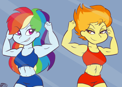 Size: 884x636 | Tagged: source needed, safe, artist:purfectprincessgirl, imported from derpibooru, rainbow dash, spitfire, human, equestria girls, abs, belly button, biceps, clothes, fitfire, flexing, midriff, mirror, muscles, rainbuff dash, shorts, smiling, sports bra, sports shorts