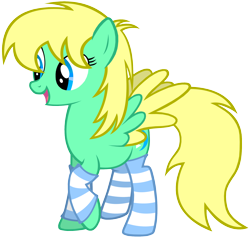 Size: 2072x1971 | Tagged: safe, artist:éclair, imported from derpibooru, oc, oc only, oc:mina, pegasus, pony, derpibooru community collaboration, 2023 community collab, clothes, female, mare, open mouth, pegasus oc, simple background, smiling, socks, striped socks, transparent background, wings