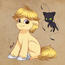 Size: 2048x2048 | Tagged: safe, artist:artharuhi, imported from derpibooru, earth pony, pony, adrien agreste, cute, duo, floppy ears, kwami, looking at you, male, miraculous ladybug, plagg, ponified, sitting, smiling, teenager