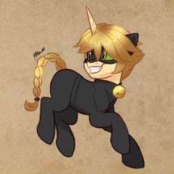 Size: 2048x2048 | Tagged: safe, artist:artharuhi, imported from derpibooru, pony, unicorn, adrien agreste, bell, bodysuit, braid, braided tail, chat noir, clothes, male, mask, miraculous ladybug, ponified, smiling, solo, suit, superhero, tail, teenager