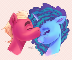 Size: 2075x1734 | Tagged: safe, artist:dilliedae, imported from derpibooru, sprout cloverleaf, earth pony, pony, unicorn, cornrows, cute, duo, eyes closed, female, forehead kiss, g5, kissing, male, mare, misty brightdawn, mistyclover, shipping, simple background, smiling, stallion, straight