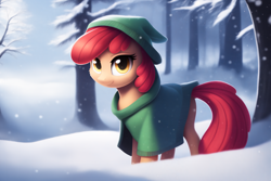 Size: 3000x2000 | Tagged: safe, imported from derpibooru, apple bloom, earth pony, pony, ai content, ai generated, cheek fluff, clothes, female, filly, foal, g4, generator:novelai, generator:stable diffusion, hat, poncho, smiling, snow, snowfall, solo, the quality of ai art is frightening, winter
