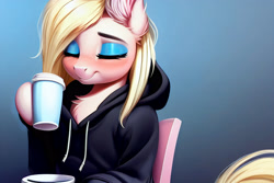 Size: 3072x2048 | Tagged: safe, artist:darbarri, derpibooru exclusive, imported from derpibooru, oc, earth pony, pony, ai assisted, ai content, blushing, chest fluff, clothes, coffee, eyes closed, generator:stable diffusion, gradient background, hoodie, hoof hold, sitting, smiling, solo