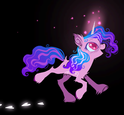 Size: 1583x1471 | Tagged: safe, artist:caninecrypt, imported from derpibooru, izzy moonbow, pony, unicorn, black background, chest fluff, g5, happy, heart, heart eyes, hoof heart, hoofprints, magic, open mouth, open smile, simple background, smiling, solo, underhoof, unshorn fetlocks, wingding eyes