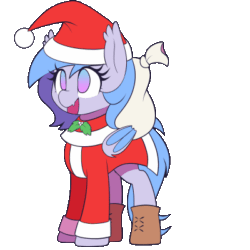 Size: 400x400 | Tagged: safe, artist:thebatfang, imported from derpibooru, oc, oc only, oc:lucky roll, bat pony, pony, animated, bat pony oc, bat wings, boots, butt, christmas, clothes, costume, cute, cute little fangs, ear tufts, fangs, female, gif, hat, holiday, mare, mistleholly, open mouth, padoru, plot, sack, santa costume, santa hat, shoes, simple background, solo, spinning, transparent background, wings, you spin me right round