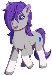 Size: 2008x2901 | Tagged: safe, artist:autumnsfur, imported from derpibooru, oc, oc only, oc:glitter stone, earth pony, pony, derpibooru community collaboration, 2023 community collab, coat markings, earth pony oc, female, full body, g4, g5, hair over one eye, long mane, looking forward, mare, multicolored tail, open mouth, pony oc, purple eyes, purple mane, purple tail, raised hoof, simple background, smiling, smiling at you, socks (coat markings), solo, tail, transparent background