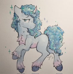 Size: 2009x2048 | Tagged: safe, artist:lightisanasshole, imported from derpibooru, pony, unicorn, chest fluff, coat markings, colored hooves, curved horn, eyebrows, female, g5, horn, looking back, mare, misty brightdawn, solo, sparkles, traditional art, unshorn fetlocks, watercolor painting