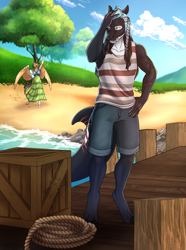 Size: 2880x3870 | Tagged: safe, artist:blackblood-queen, imported from derpibooru, oc, oc only, oc:kiwi breeze, oc:mako, anthro, digitigrade anthro, orca, orca pony, original species, pegasus, unguligrade anthro, anthro oc, beach, clothes, cloud, crate, digital art, female, male, mare, pegasus oc, pier, pregnant, rope, scar, shorts, sky, smiling, stallion, story in the source, tail, tree, water, waving