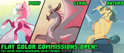 Size: 1872x809 | Tagged: safe, artist:sunny way, imported from derpibooru, fresh coat, oc, anthro, dragon, seapony (g4), unicorn, advertisement, advertising, any gender, any species, apron, braless, clothes, commission, commission open, commission slot, commissions open, looking back, open mouth, paint, quadrupedal, slot