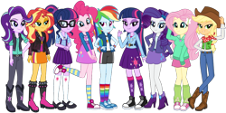 Size: 1000x499 | Tagged: safe, artist:emeraldblast63, imported from derpibooru, applejack, fluttershy, pinkie pie, rainbow dash, rarity, sci-twi, starlight glimmer, sunset shimmer, twilight sparkle, human, equestria girls, alternate clothes, clothes, converse, humane five, humane seven, humane six, lidded eyes, looking at you, rainbow socks, shoes, simple background, smiling, socks, striped socks, transparent background, twolight