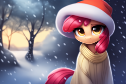 Size: 3000x2000 | Tagged: safe, imported from derpibooru, apple bloom, earth pony, pony, ai content, ai generated, christmas, clothes, female, filly, foal, generator:novelai, generator:stable diffusion, hat, holiday, looking at you, santa hat, smiling, snow, snowfall, solo, sweater, the quality of ai art is frightening, winter