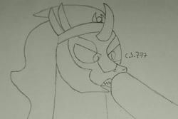 Size: 2506x1673 | Tagged: safe, artist:cardshark777, imported from derpibooru, king sombra, pony, unicorn, angry, boop, gritted teeth, male, offscreen character, simple background, stallion, teeth, the crystal empire 10th anniversary, traditional art