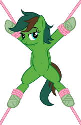 Size: 3005x4619 | Tagged: safe, artist:equestria secret guard, imported from derpibooru, oc, oc only, oc:windy barebow evergreen, pegasus, pony, armpits, bedroom eyes, belly button, bondage, featureless crotch, female, happy, happy bondage, helpless, looking at you, lying down, mare, pegasus oc, rope, rope bondage, sexy, show accurate, simple background, solo, spread eagle, spread legs, spreading, tied up, transparent background