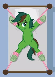 Size: 1536x2166 | Tagged: safe, artist:equestria secret guard, imported from derpibooru, oc, oc only, oc:windy barebow evergreen, pegasus, pony, armpits, bed, bedroom eyes, belly button, bondage, featureless crotch, female, happy, happy bondage, helpless, looking at you, lying down, mare, on bed, pegasus oc, rope, rope bondage, sexy, show accurate, simple background, solo, spread eagle, spread legs, spreading, tied to bed, tied up