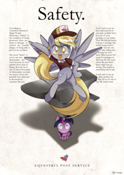 Size: 4500x6364 | Tagged: safe, artist:theratedrshimmer, imported from derpibooru, derpy hooves, twilight sparkle, pegasus, pony, unicorn, '90s, absurd resolution, advertisement, anvil, cute, derpabetes, female, happy, hat, irony, looking at you, mailmare, mailmare hat, mailmare uniform, retro, shocked, this will end in pain, twiabetes, unicorn twilight, vintage